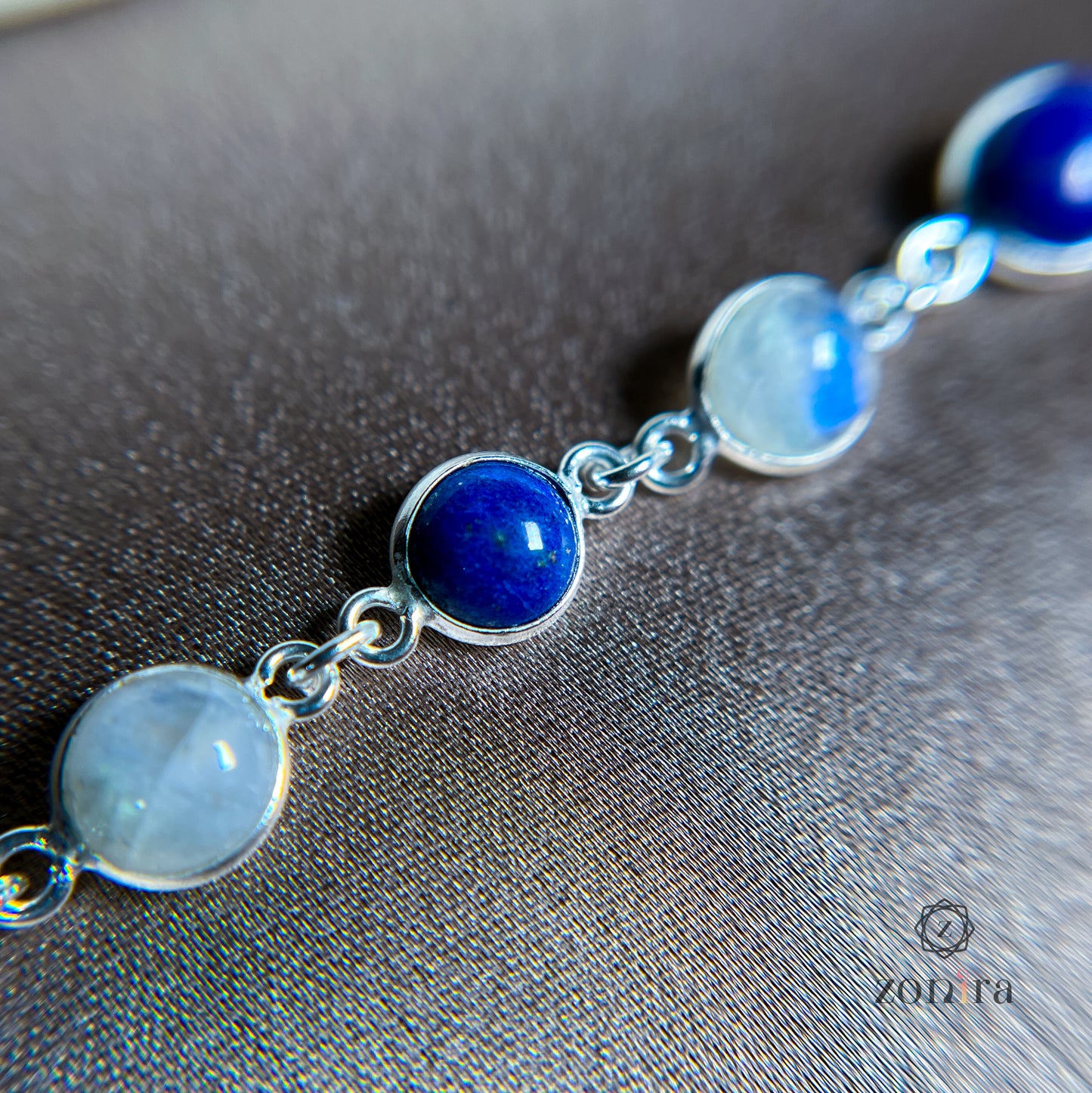 Angrai Silver Bracelet - Lapis Lazuli & Rainbow Moonstone