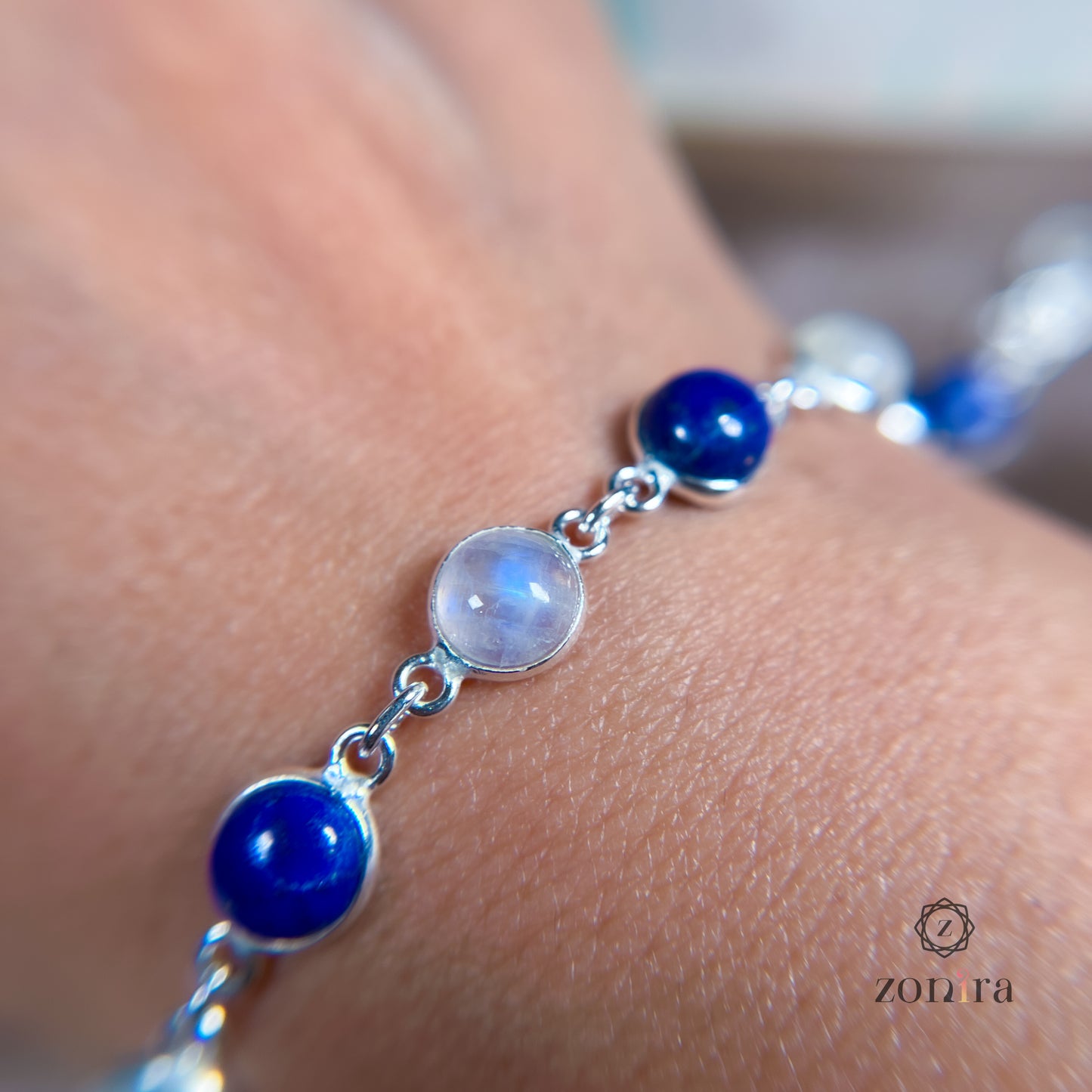 Angrai Silver Bracelet - Lapis Lazuli & Rainbow Moonstone