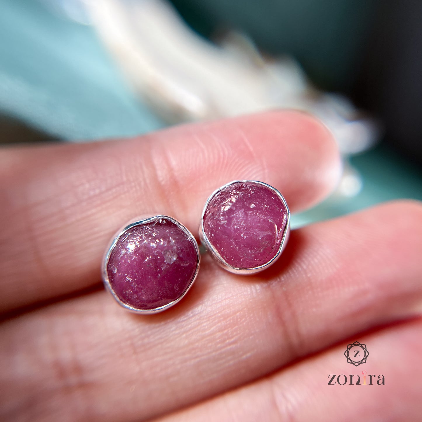 Aabis Silver Studs - Raw Ruby