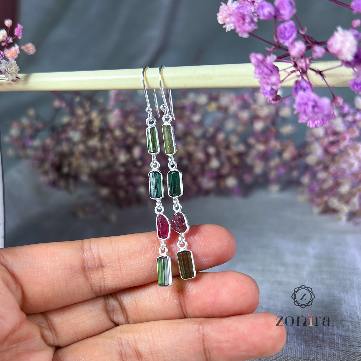 Eva Silver Danglers - Raw Tourmaline (Mixed) 5