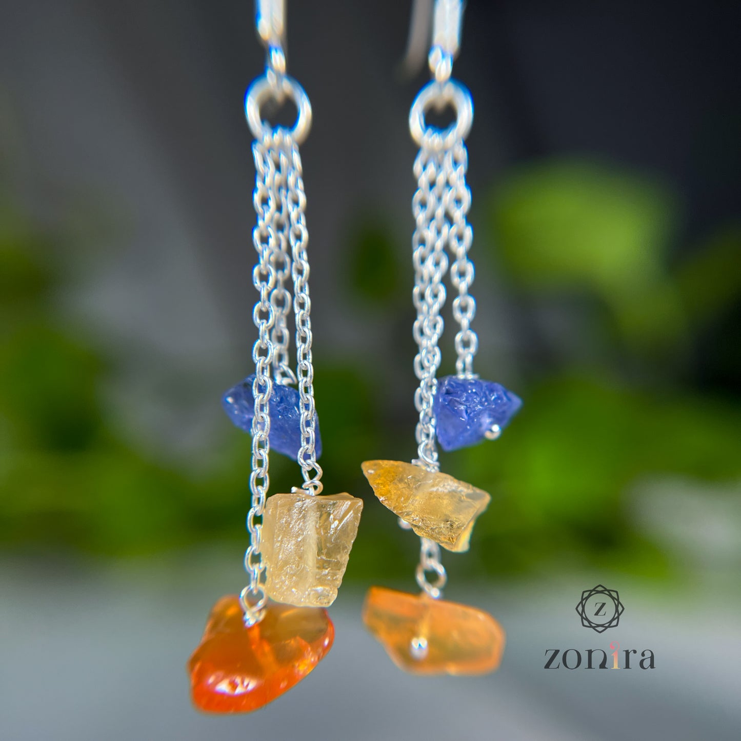 Gulshan Silver Danglers - Raw Amber, Citrine, Tanzanite