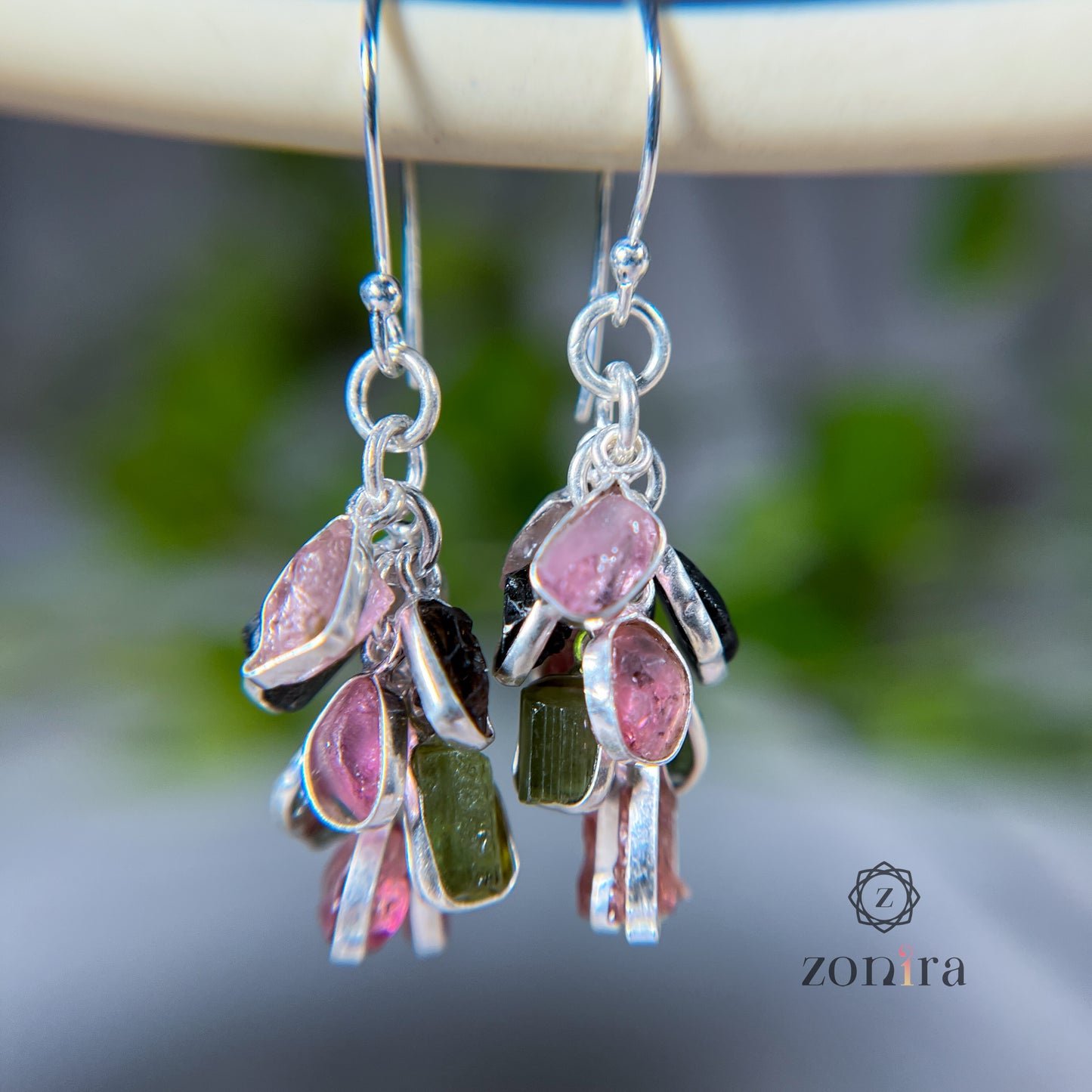 Angoori Silver Danglers - Raw Mixed Tourmaline