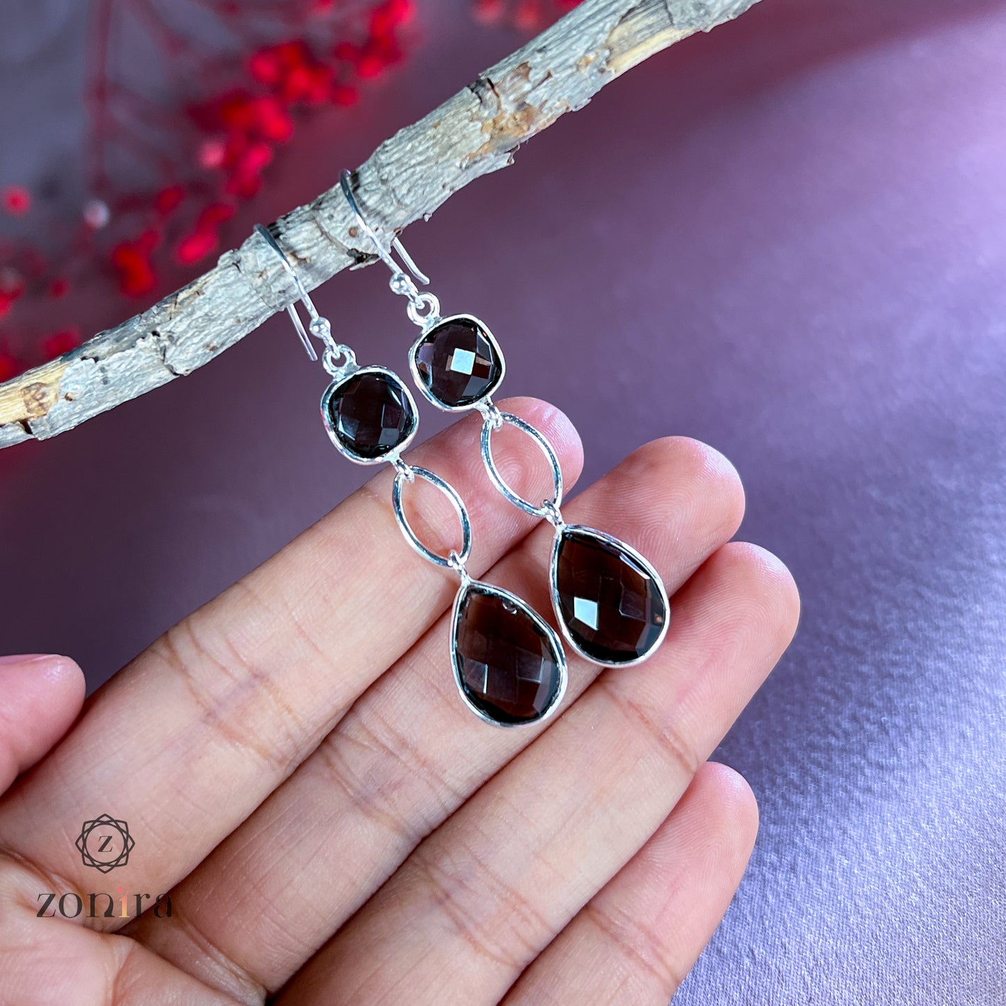 Alaya Silver Danglers - Smokey Quartz