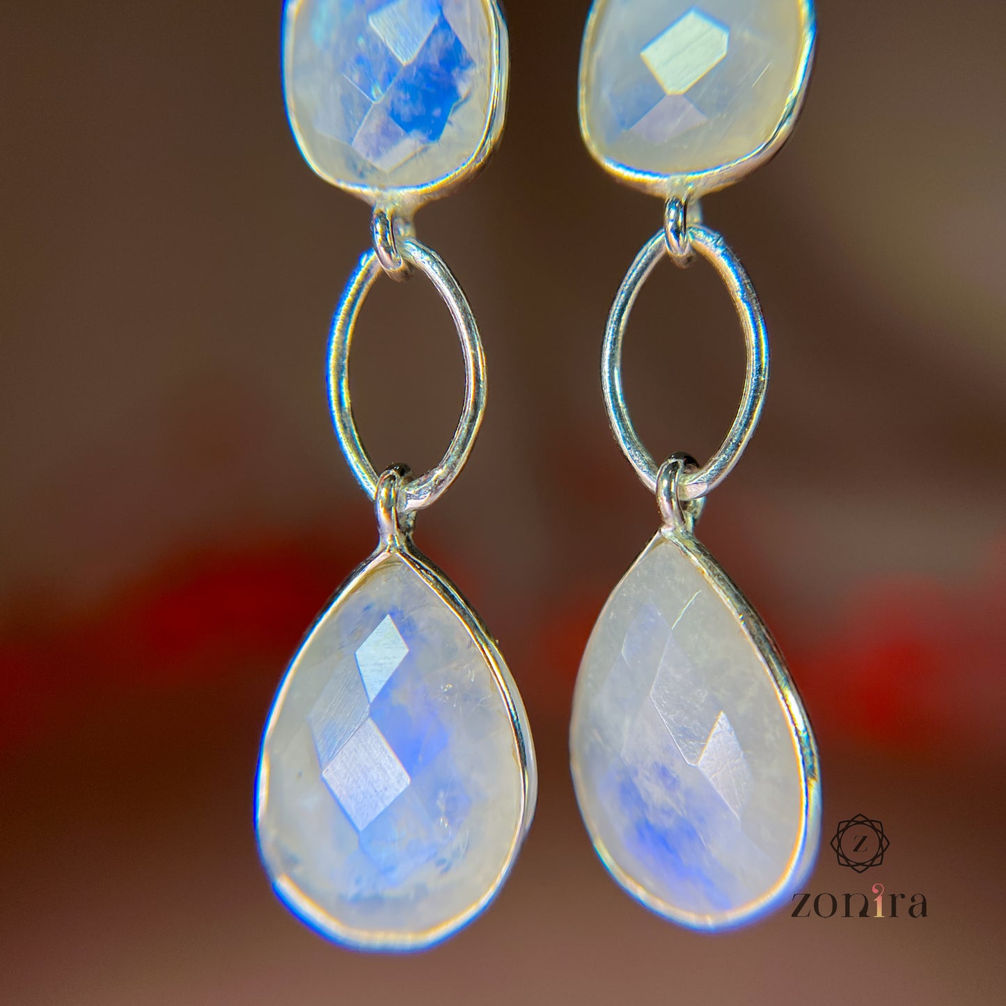 Alaya Silver Danglers - Rainbow Moonstone