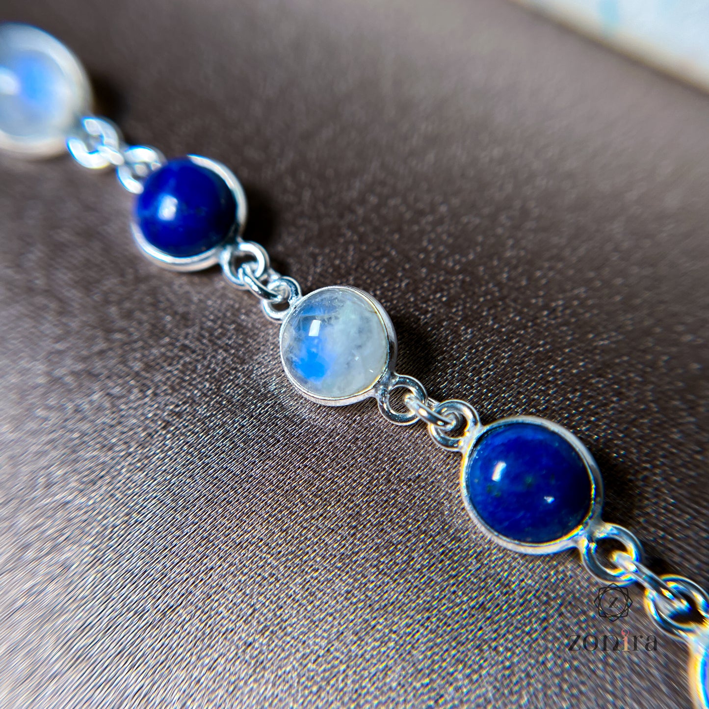 Angrai Silver Bracelet - Lapis Lazuli & Rainbow Moonstone