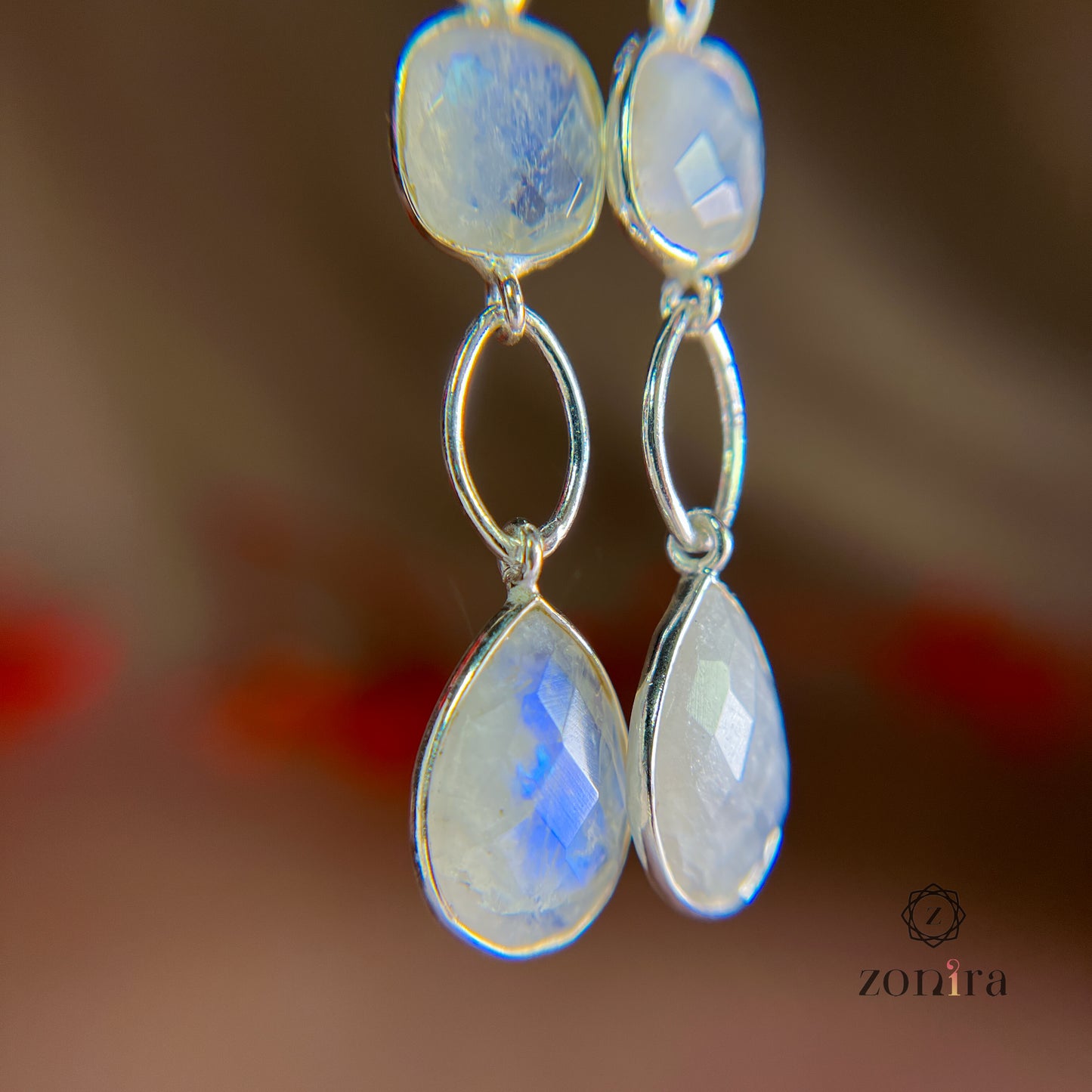 Alaya Silver Danglers - Rainbow Moonstone