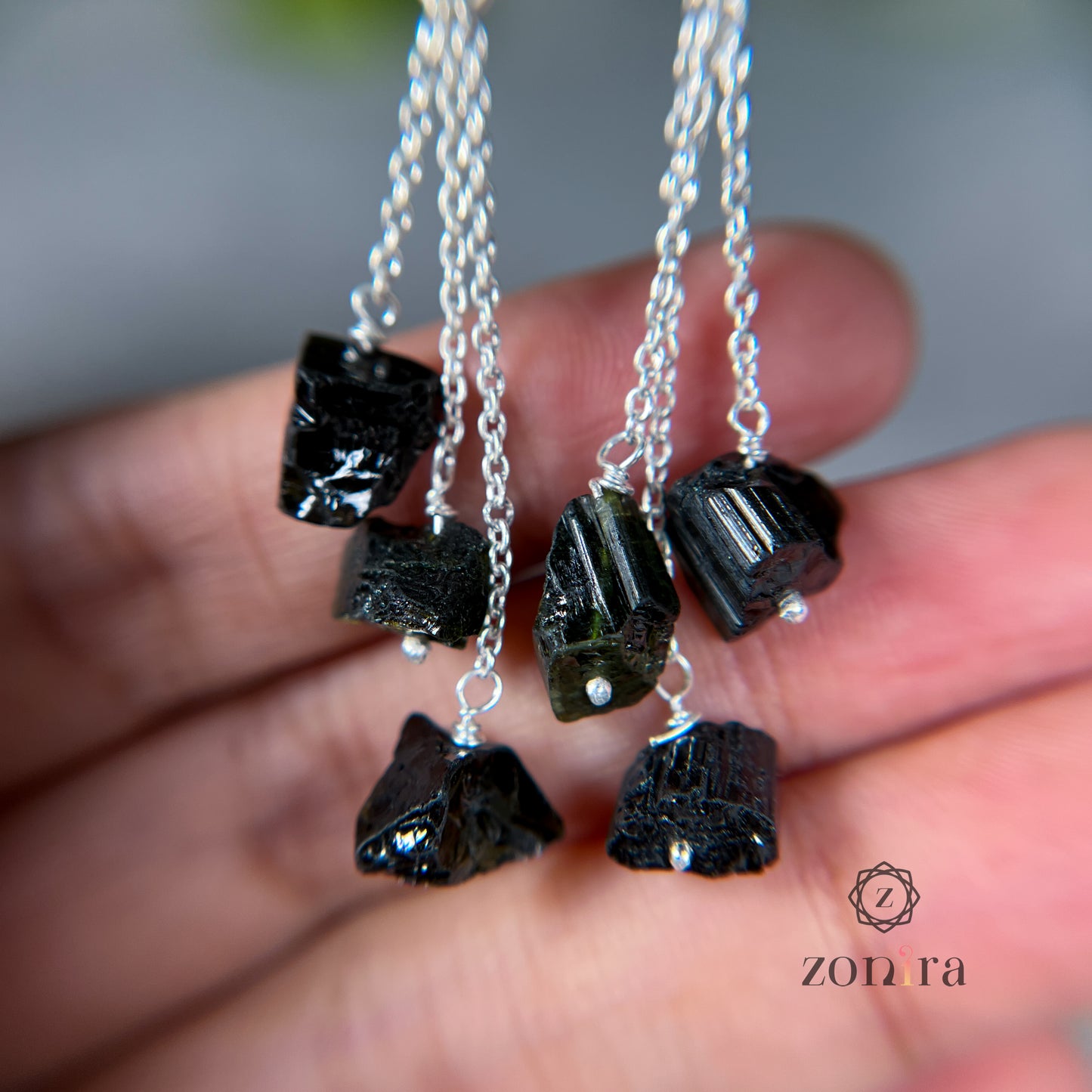 Gulshan Silver Danglers - Raw Black & Green Tourmaline