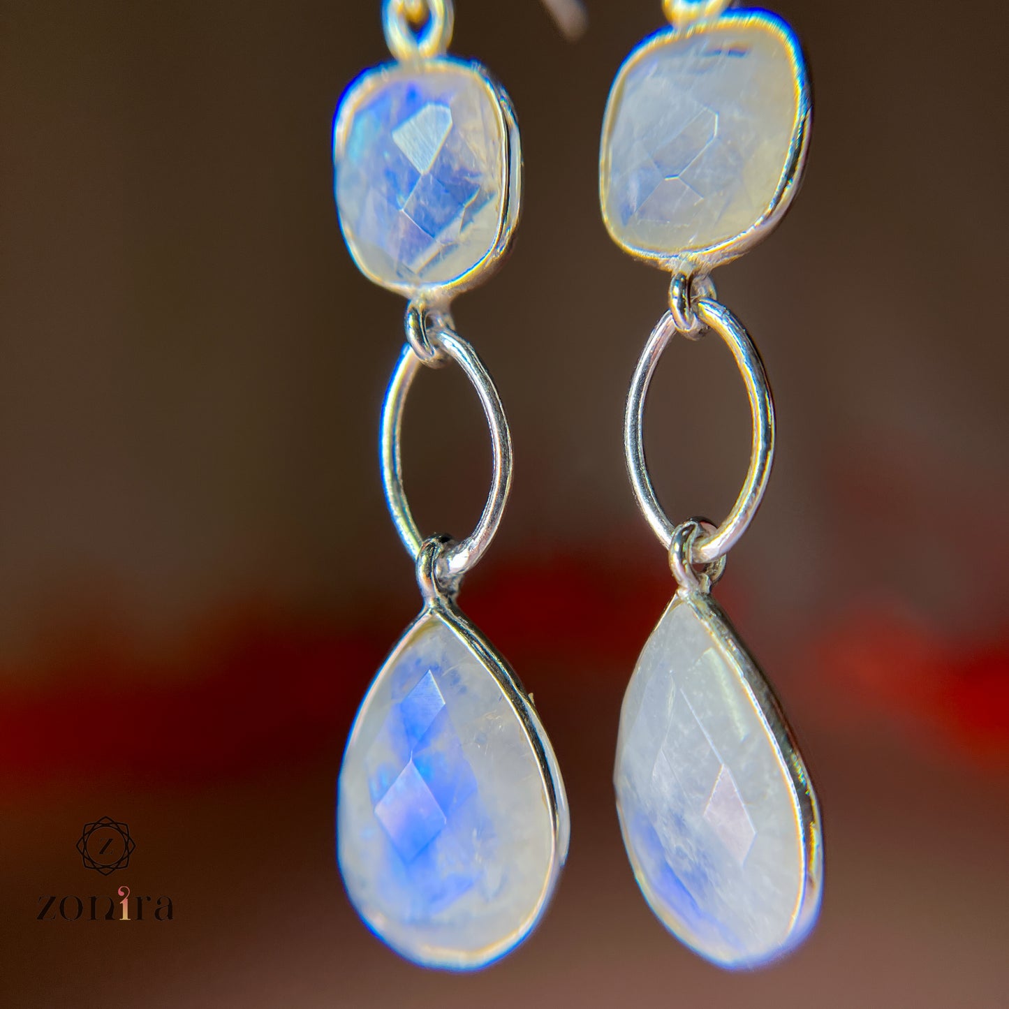 Alaya Silver Danglers - Rainbow Moonstone