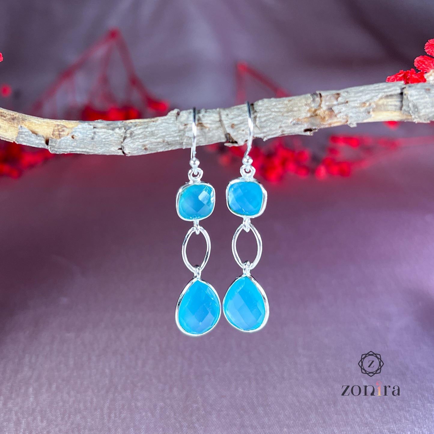 Alaya Silver Danglers - Blue Chalcedony