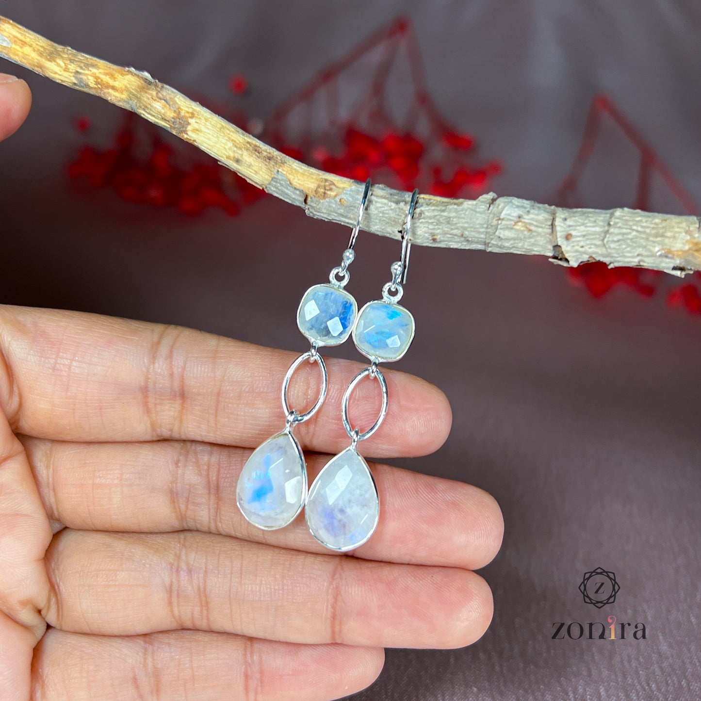 Alaya Silver Danglers - Rainbow Moonstone