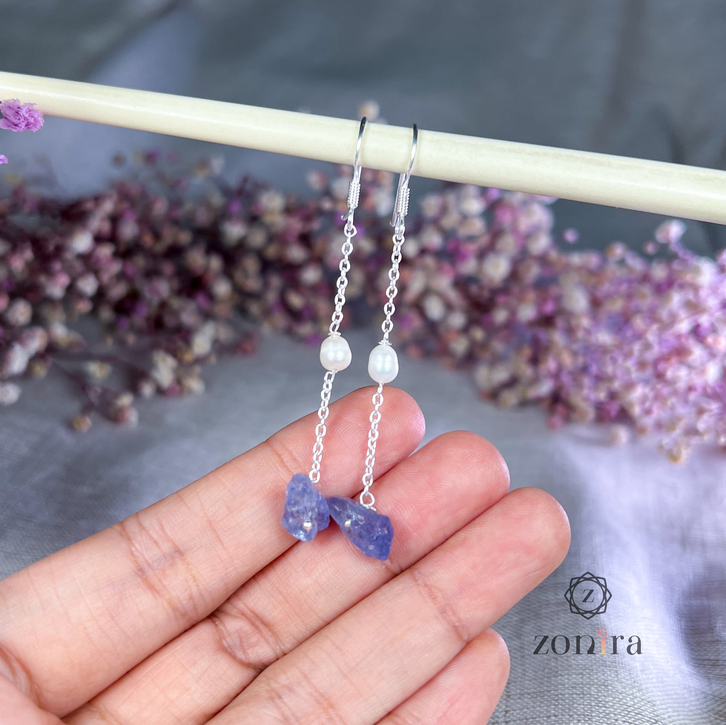 Gul Silver Danglers - Raw Tanzanite & Pearl