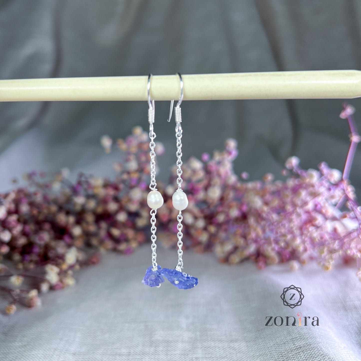 Gul Silver Danglers - Raw Tanzanite & Pearl