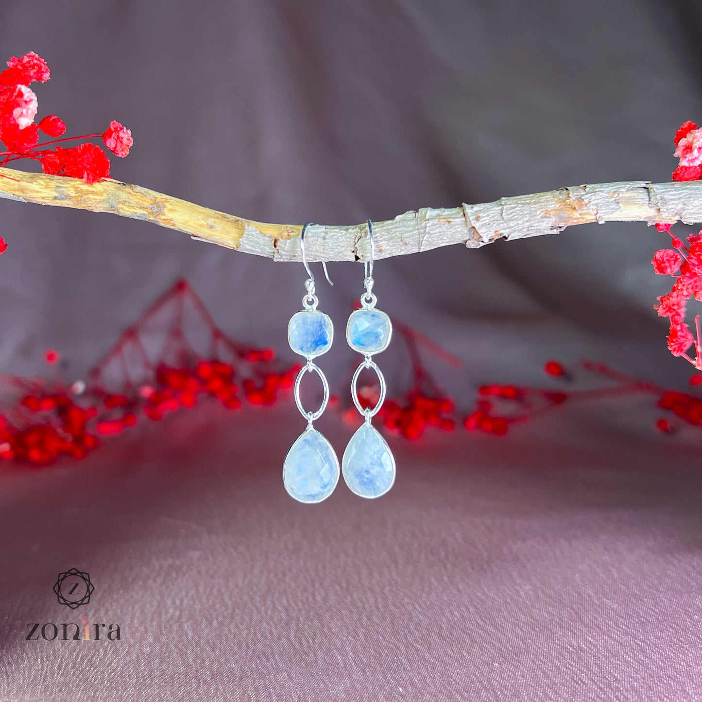 Alaya Silver Danglers - Rainbow Moonstone