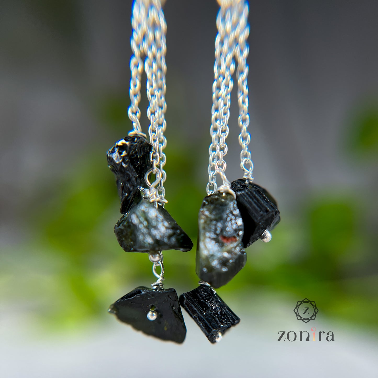 Gulshan Silver Danglers - Raw Black & Green Tourmaline