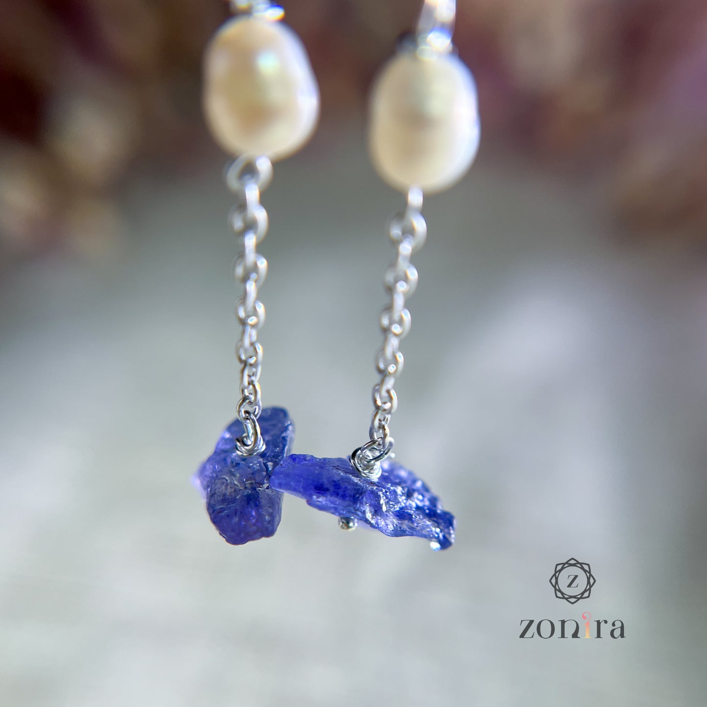 Gul Silver Danglers - Raw Tanzanite & Pearl