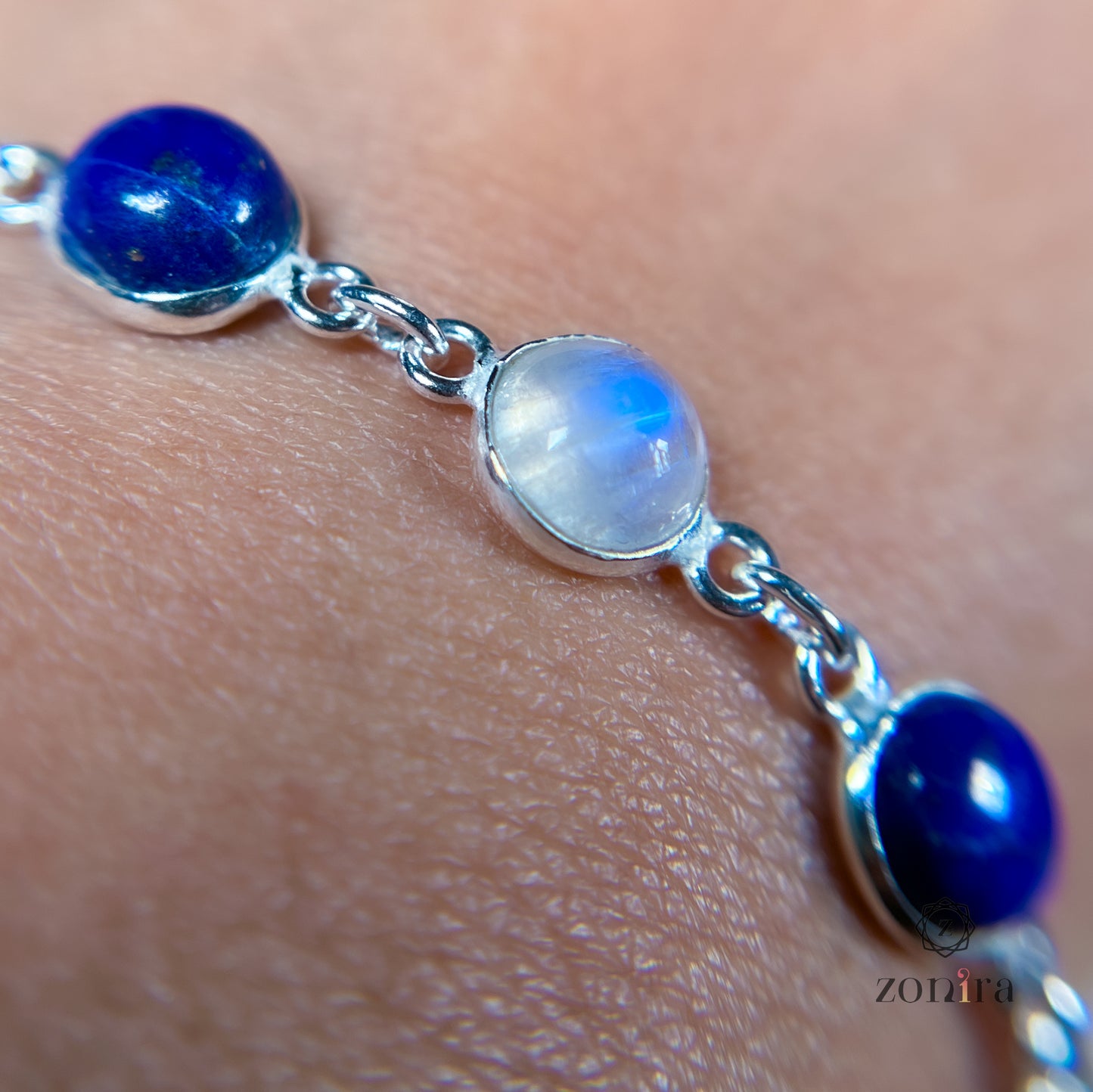 Angrai Silver Bracelet - Lapis Lazuli & Rainbow Moonstone