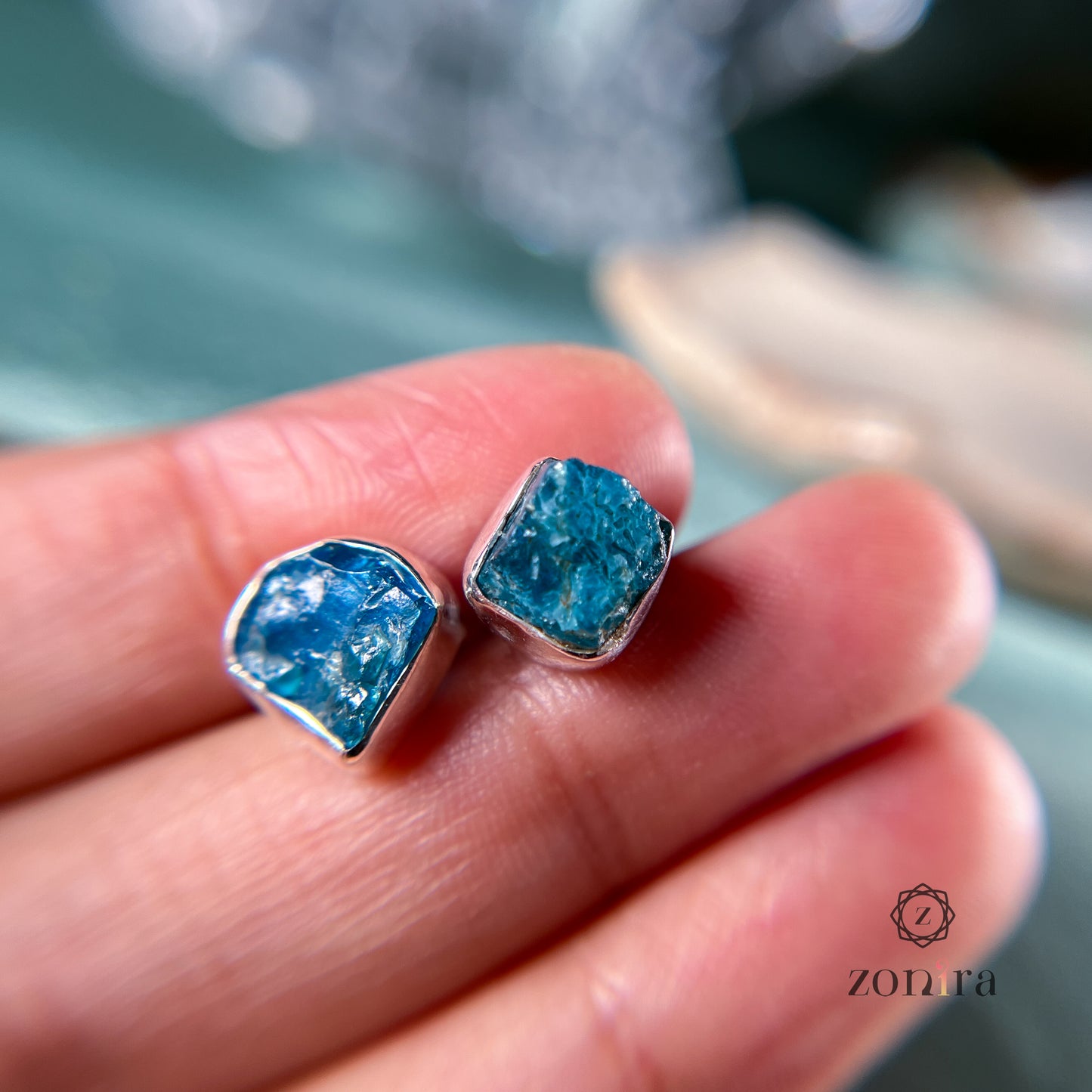 Aabis Silver Studs - Raw Neon Apatite