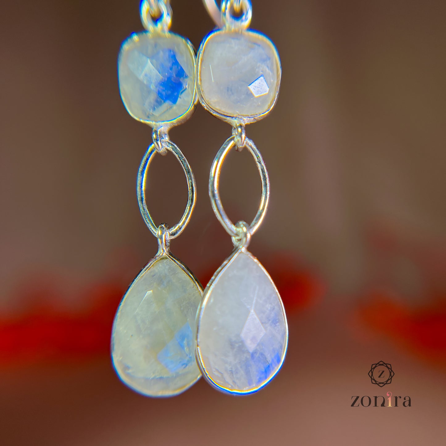 Alaya Silver Danglers - Rainbow Moonstone