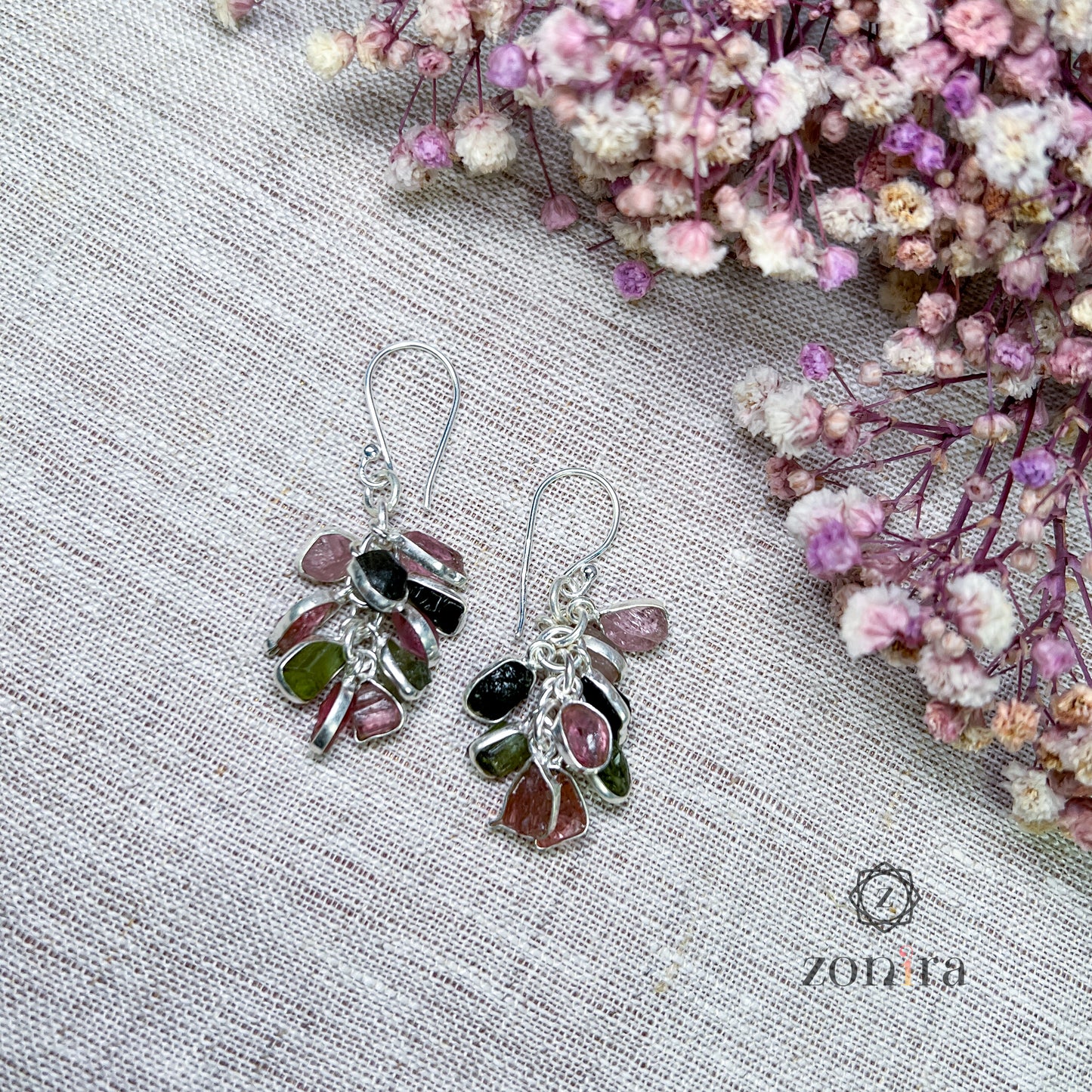 Angoori Silver Danglers - Raw Mixed Tourmaline