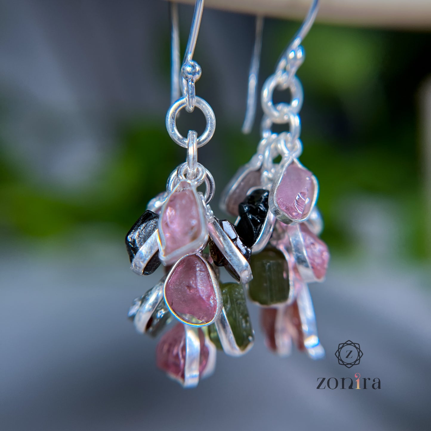 Angoori Silver Danglers - Raw Mixed Tourmaline