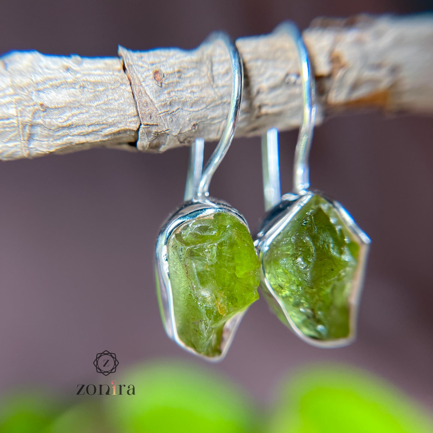 Eka Silver Earrings - Raw Peridot