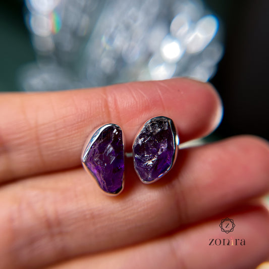 Aabis Silver Studs - Raw Amethyst