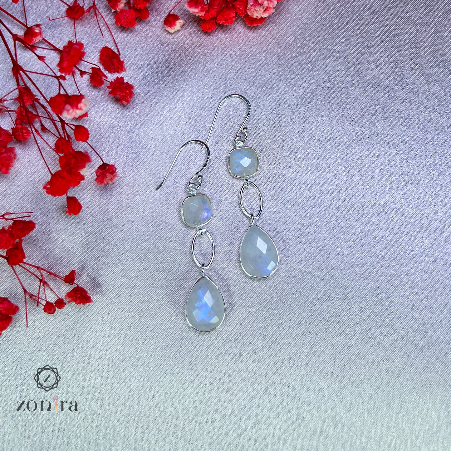 Alaya Silver Danglers - Rainbow Moonstone