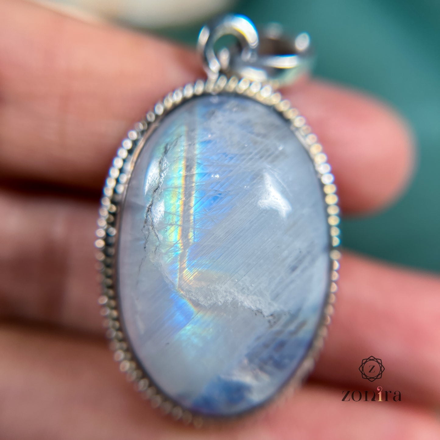 Mila Silver Pendant - Rainbow Moonstone