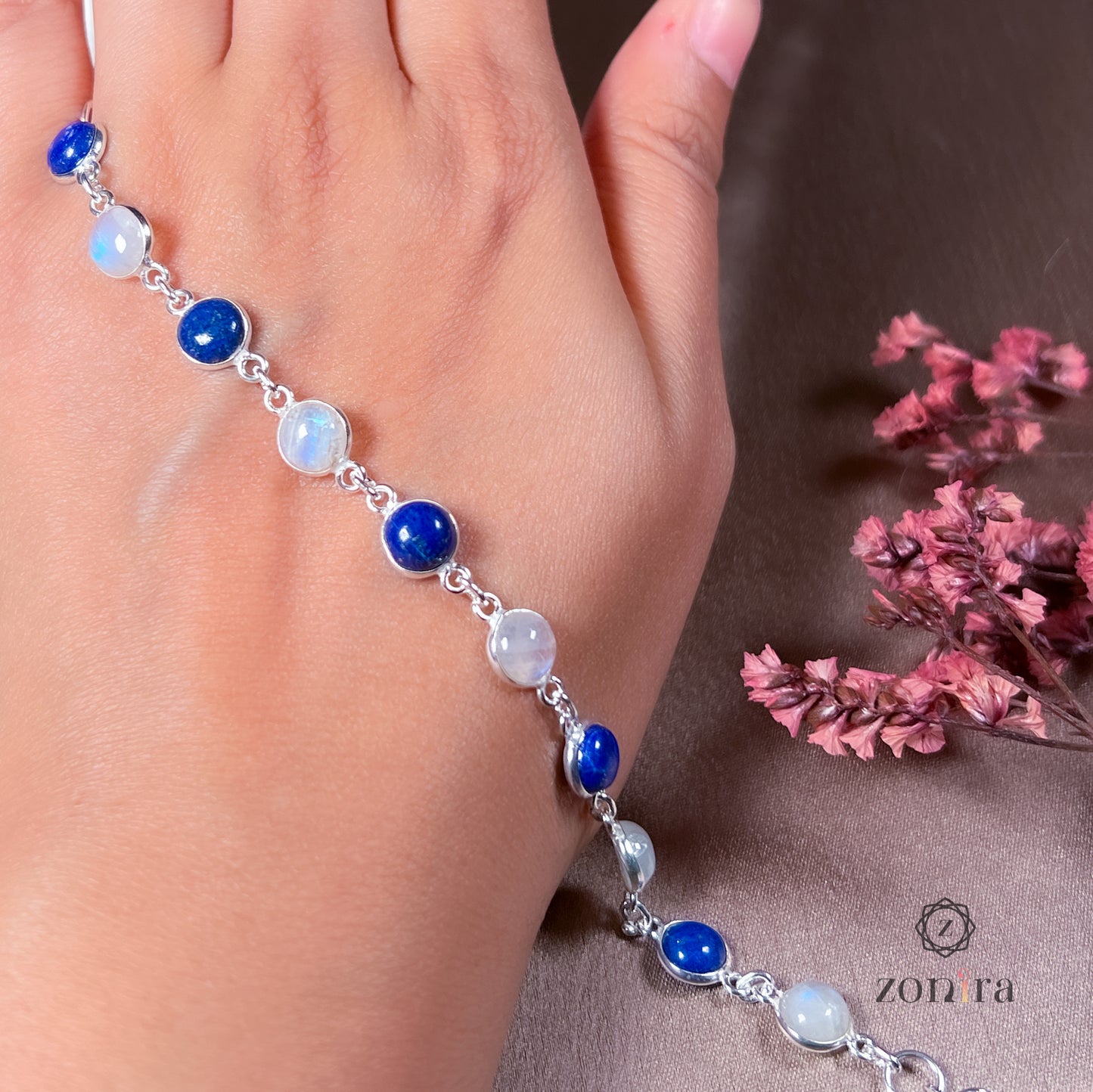 Angrai Silver Bracelet - Lapis Lazuli & Rainbow Moonstone