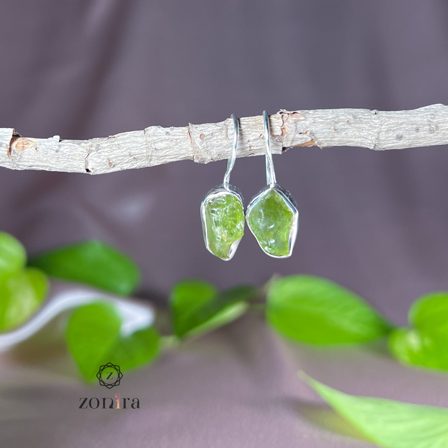 Eka Silver Earrings - Raw Peridot