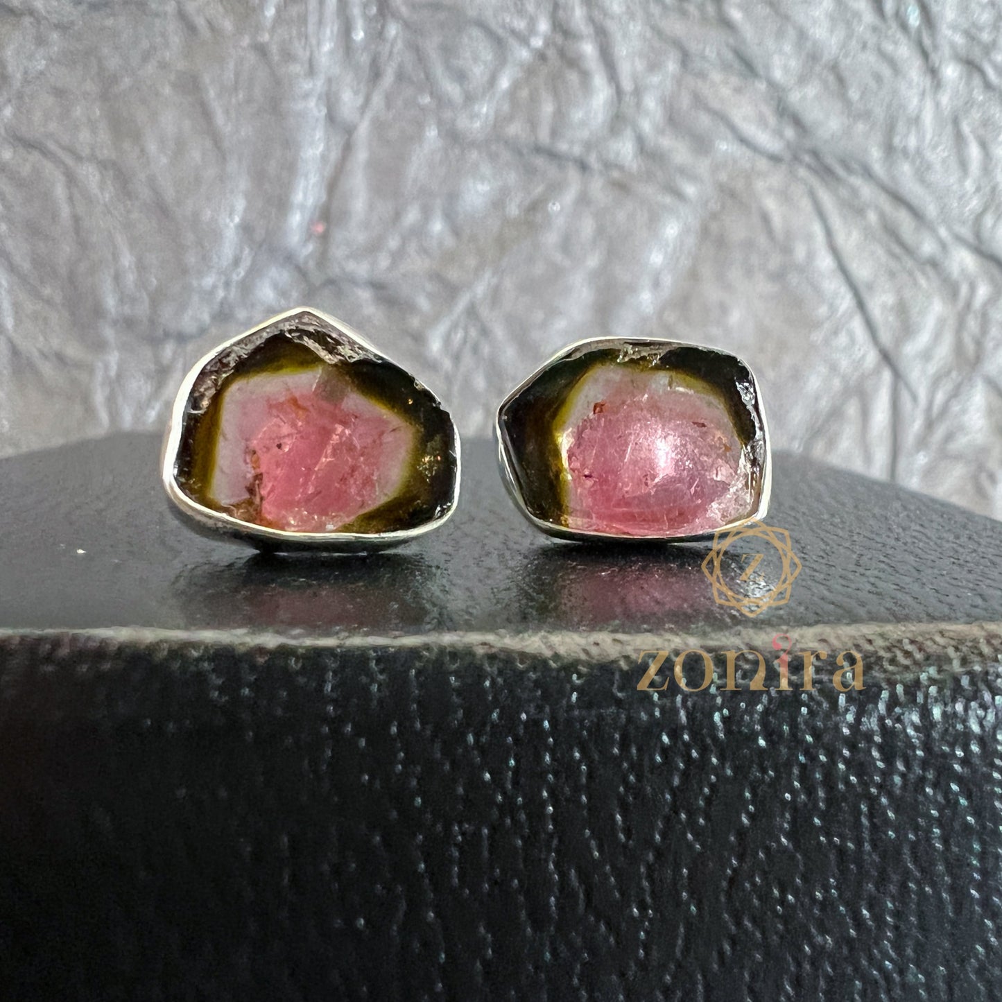 Aabis Silver Studs - Raw Watermelon Tourmaline