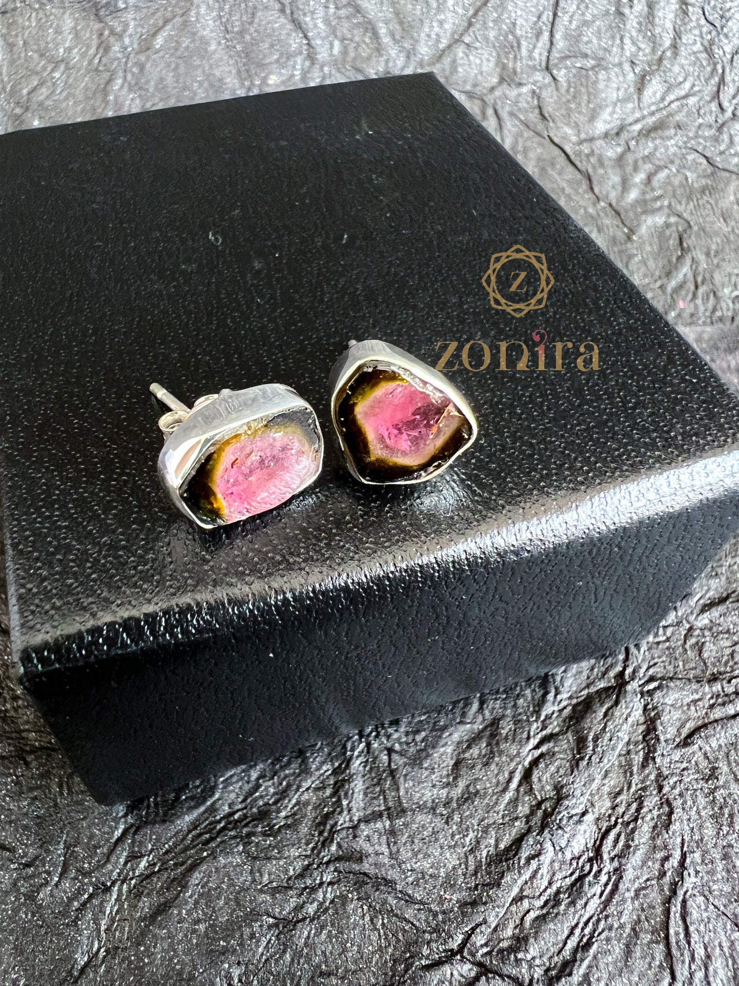 Aabis Silver Studs - Raw Watermelon Tourmaline