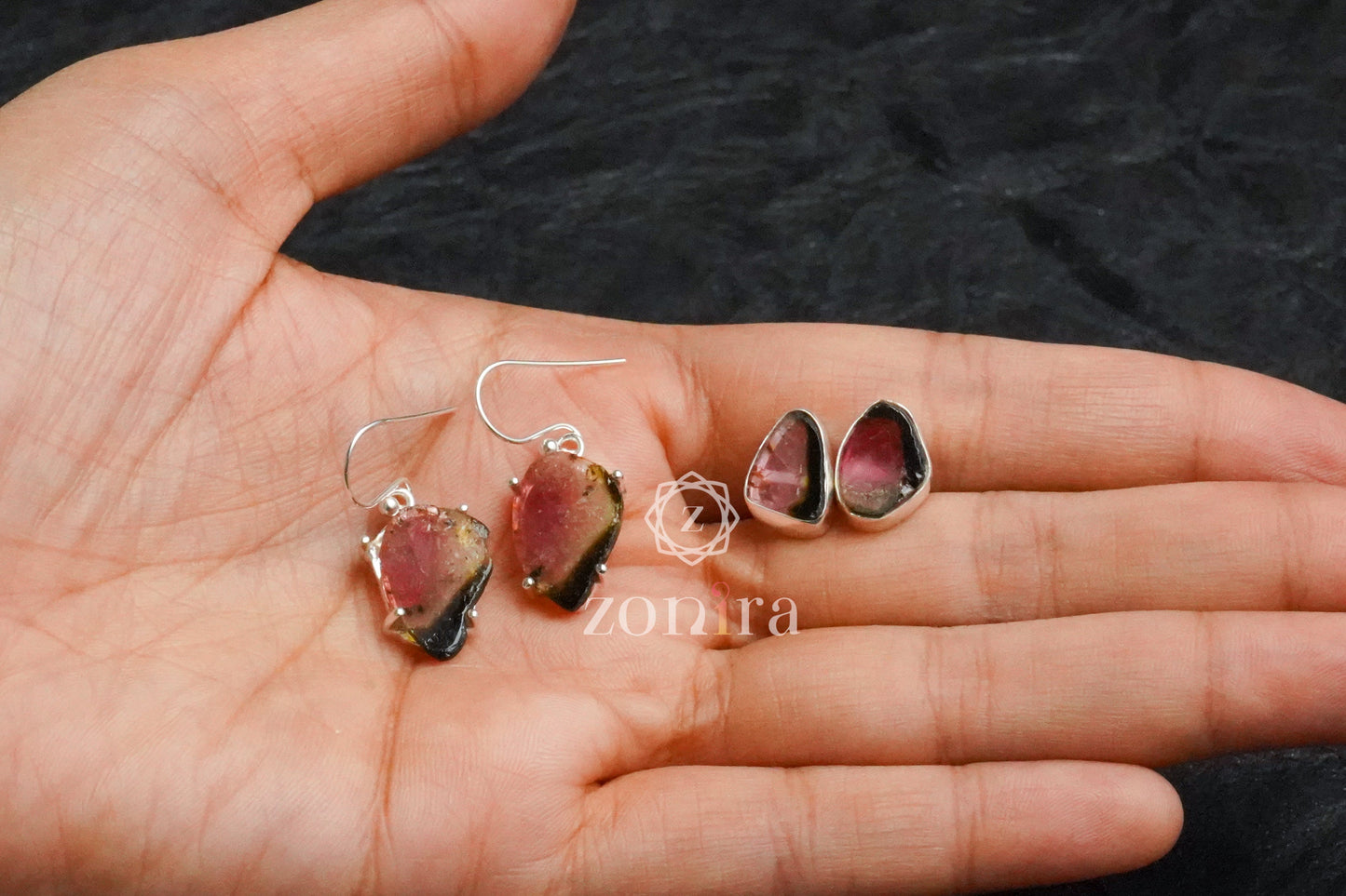 Eka Silver Danglers - Raw Watermelon Tourmaline