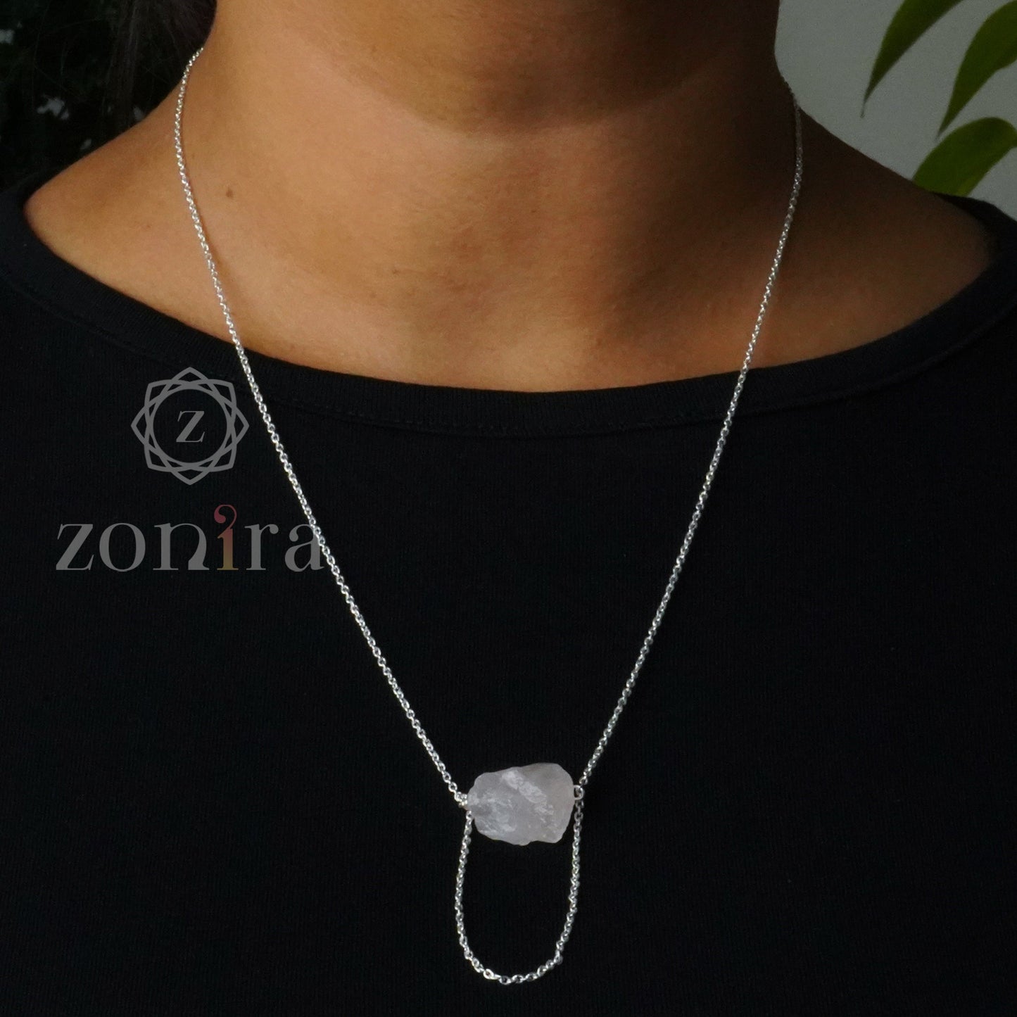 Aabis Silver Necklace - Raw Rose Quartz