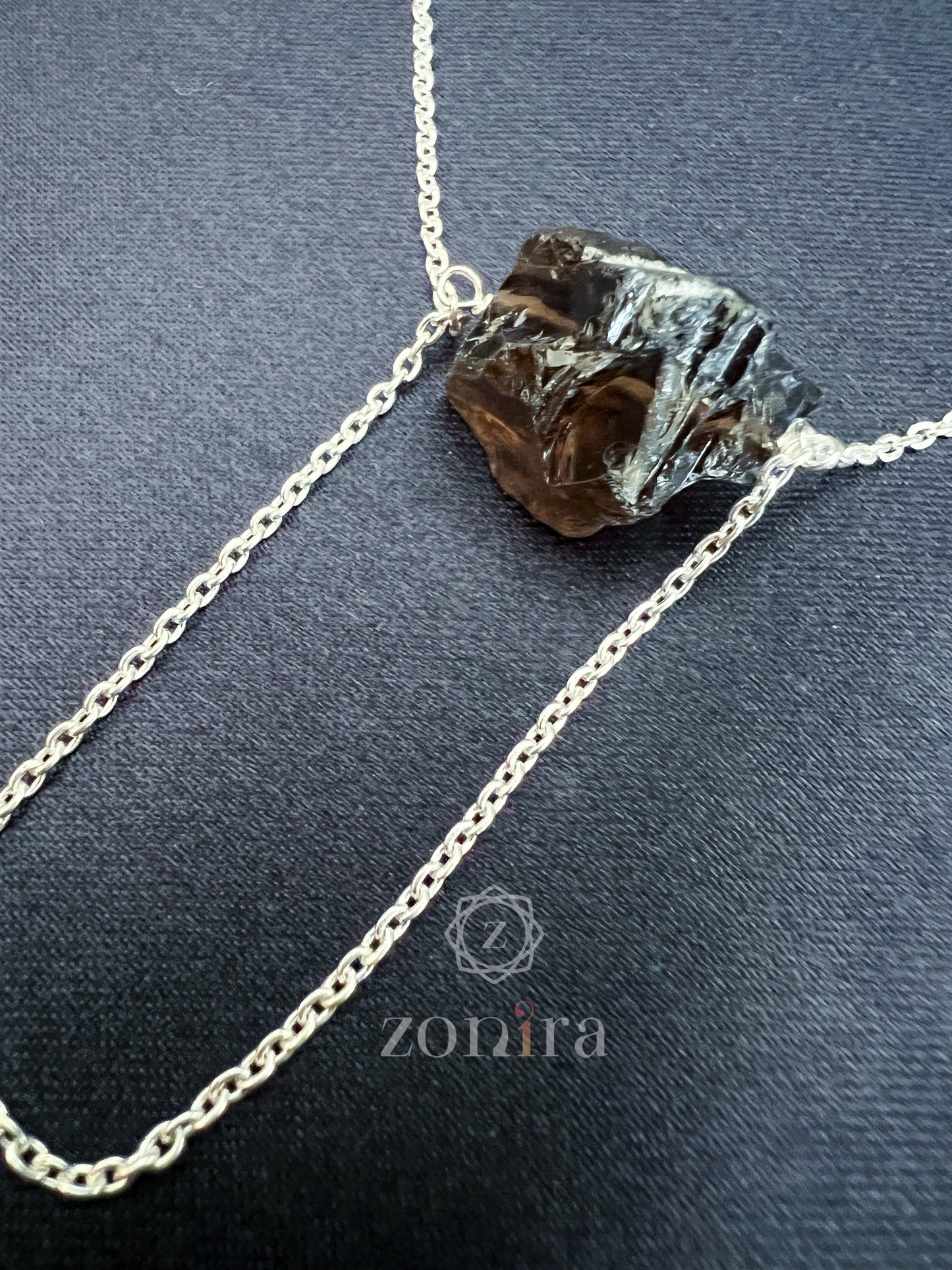 Aabis Silver Necklace - Raw Smokey Quartz