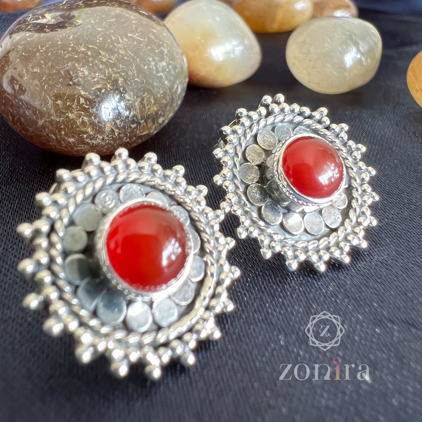 Lilah Oxidised Silver Studs - Red Onyx