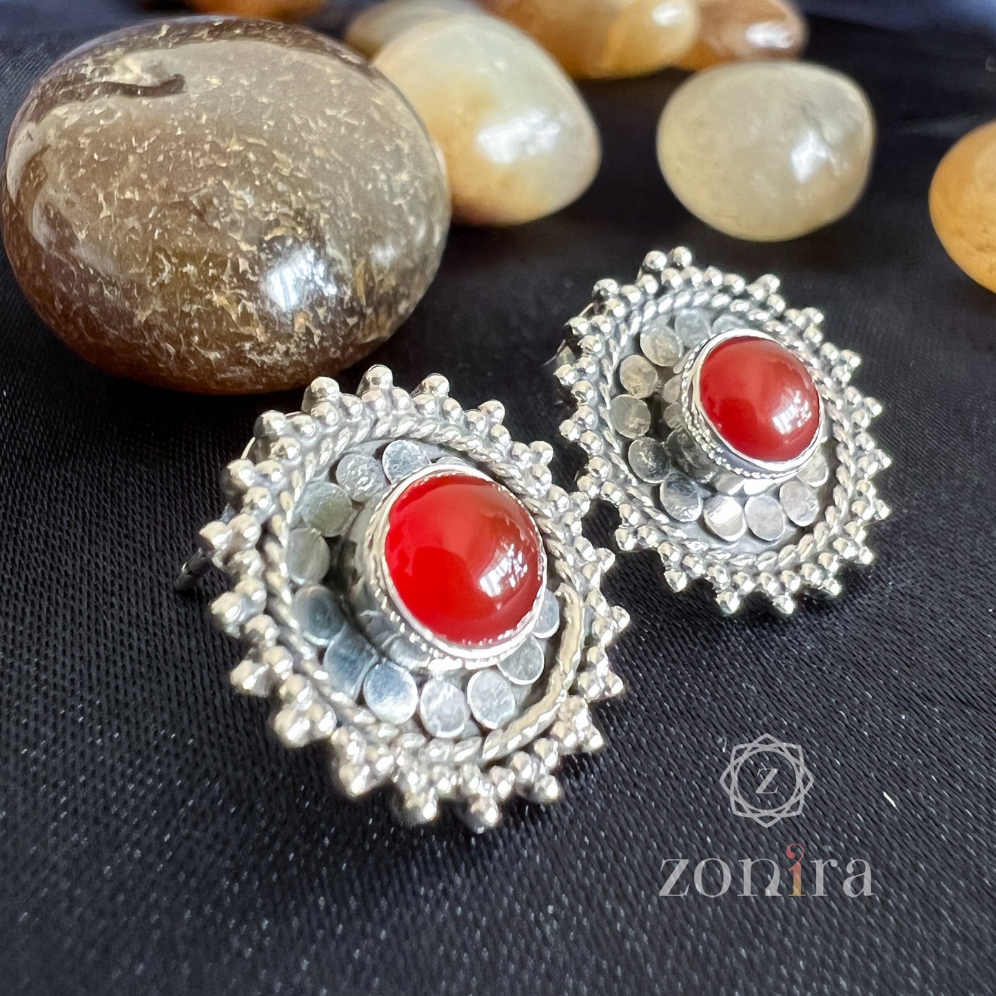 Lilah Oxidised Silver Studs - Red Onyx