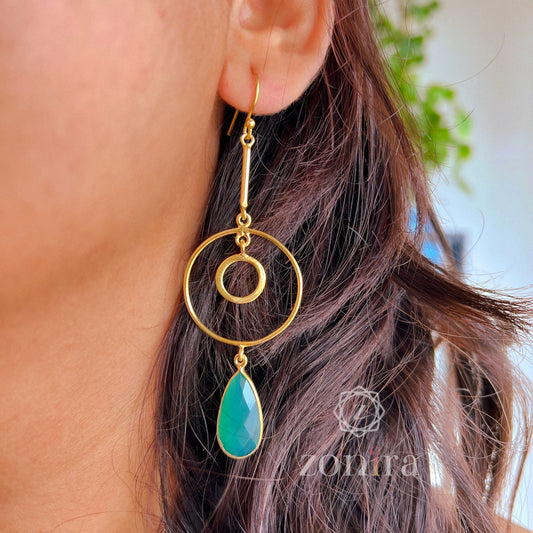 Diva Silver Danglers - Green Onyx Gold