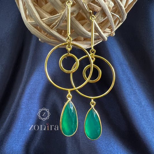 Diva Silver Danglers - Green Onyx Gold