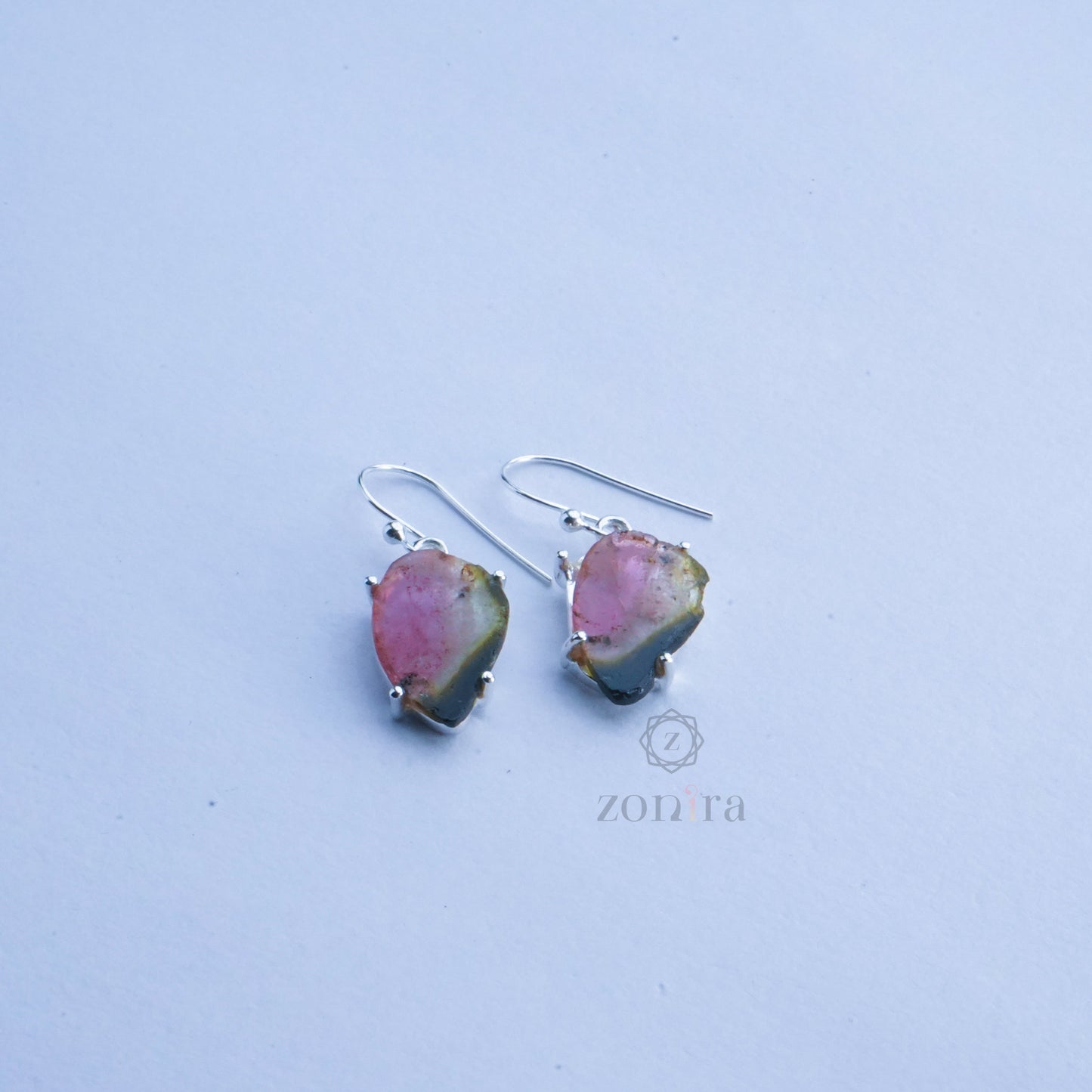 Eka Silver Danglers - Raw Watermelon Tourmaline