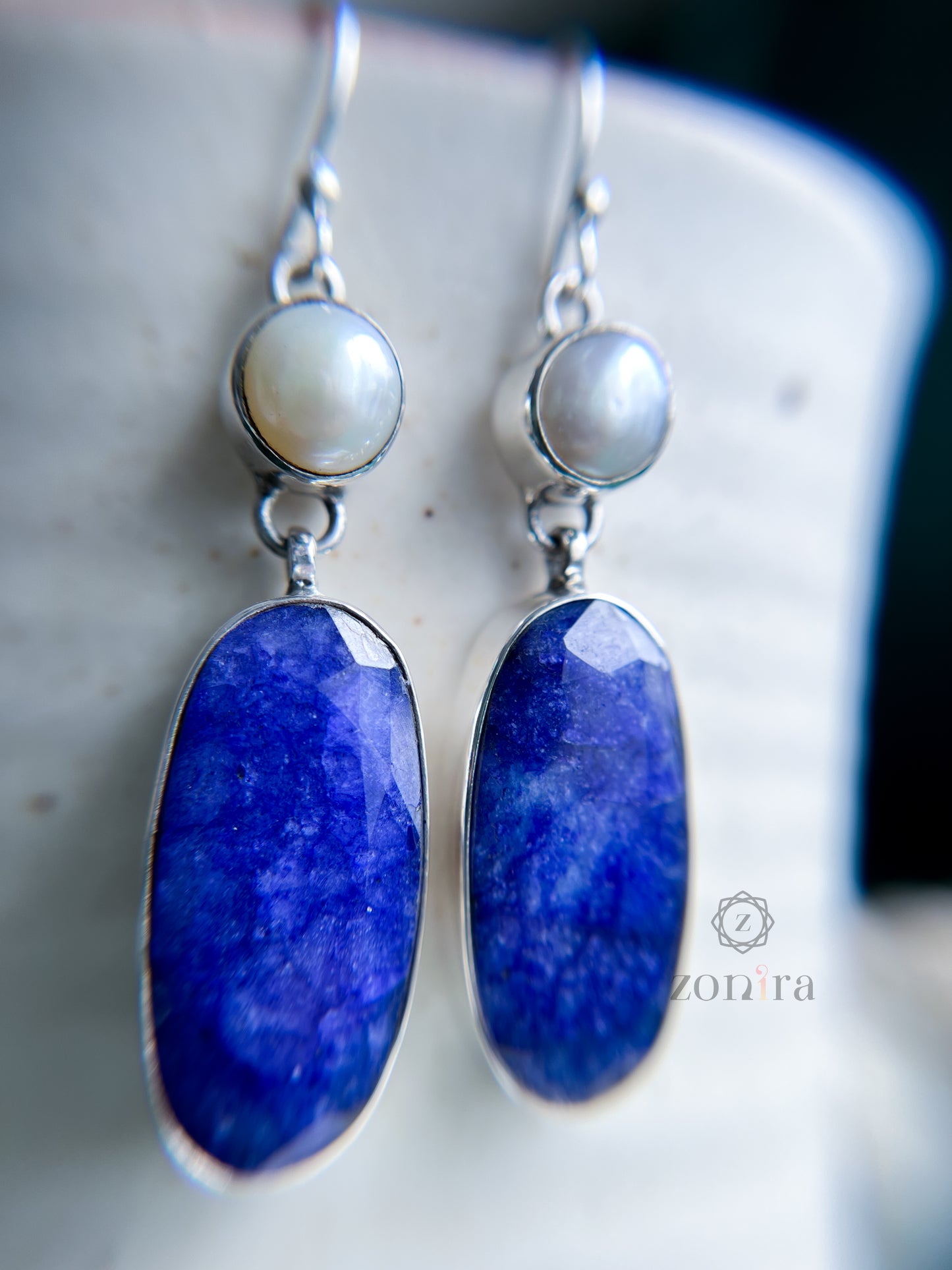 Liba Silver Danglers - Pearl & Sapphire