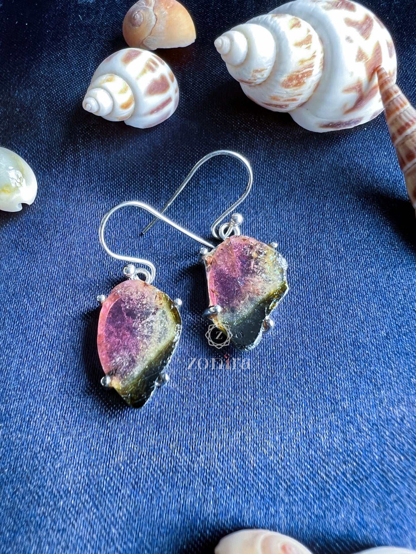 Eka Silver Danglers - Raw Watermelon Tourmaline