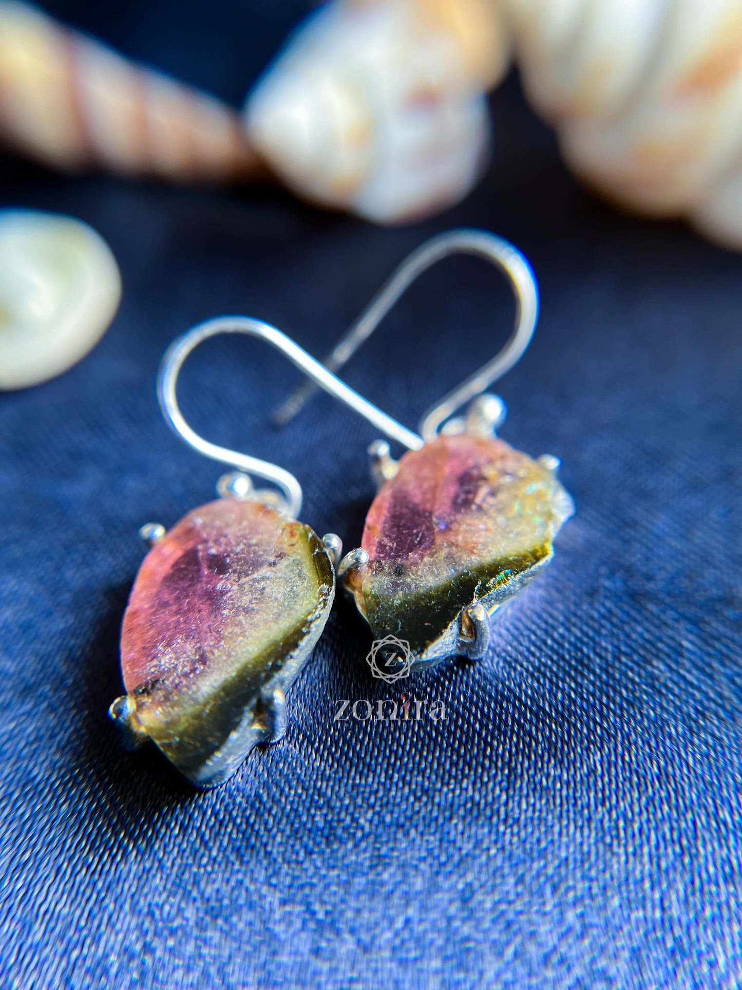 Eka Silver Danglers - Raw Watermelon Tourmaline