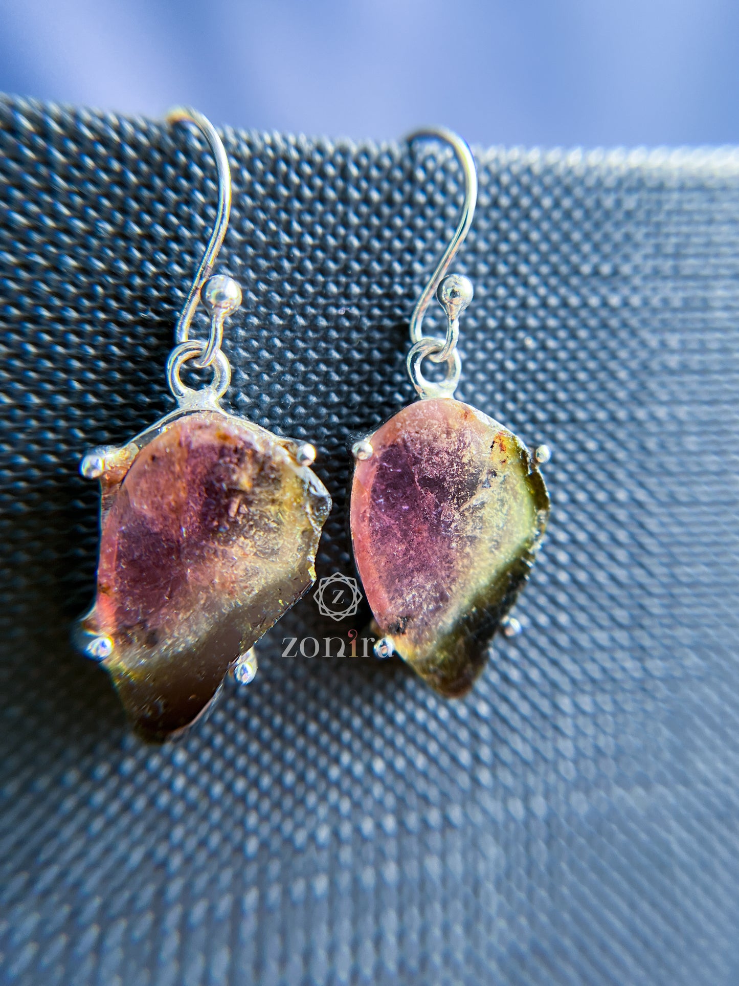 Eka Silver Danglers - Raw Watermelon Tourmaline