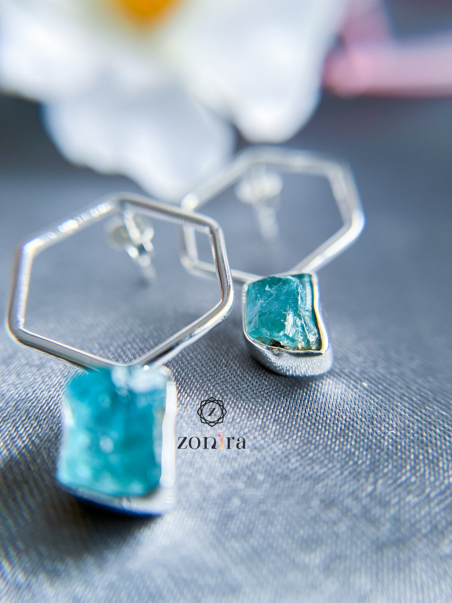 Maaya Silver Earrings - Raw Apatite