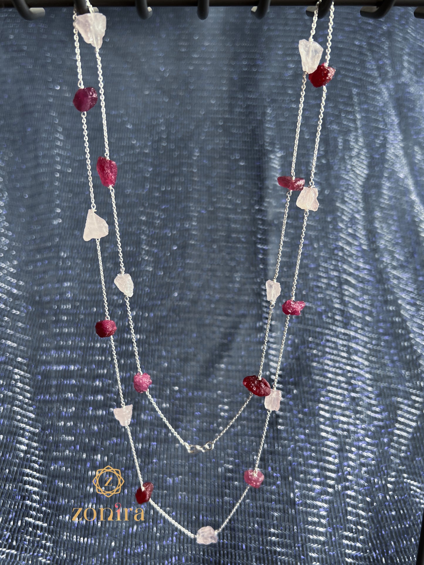 Ecstacy Silver Necklace - Raw Ruby & Rose Quartz