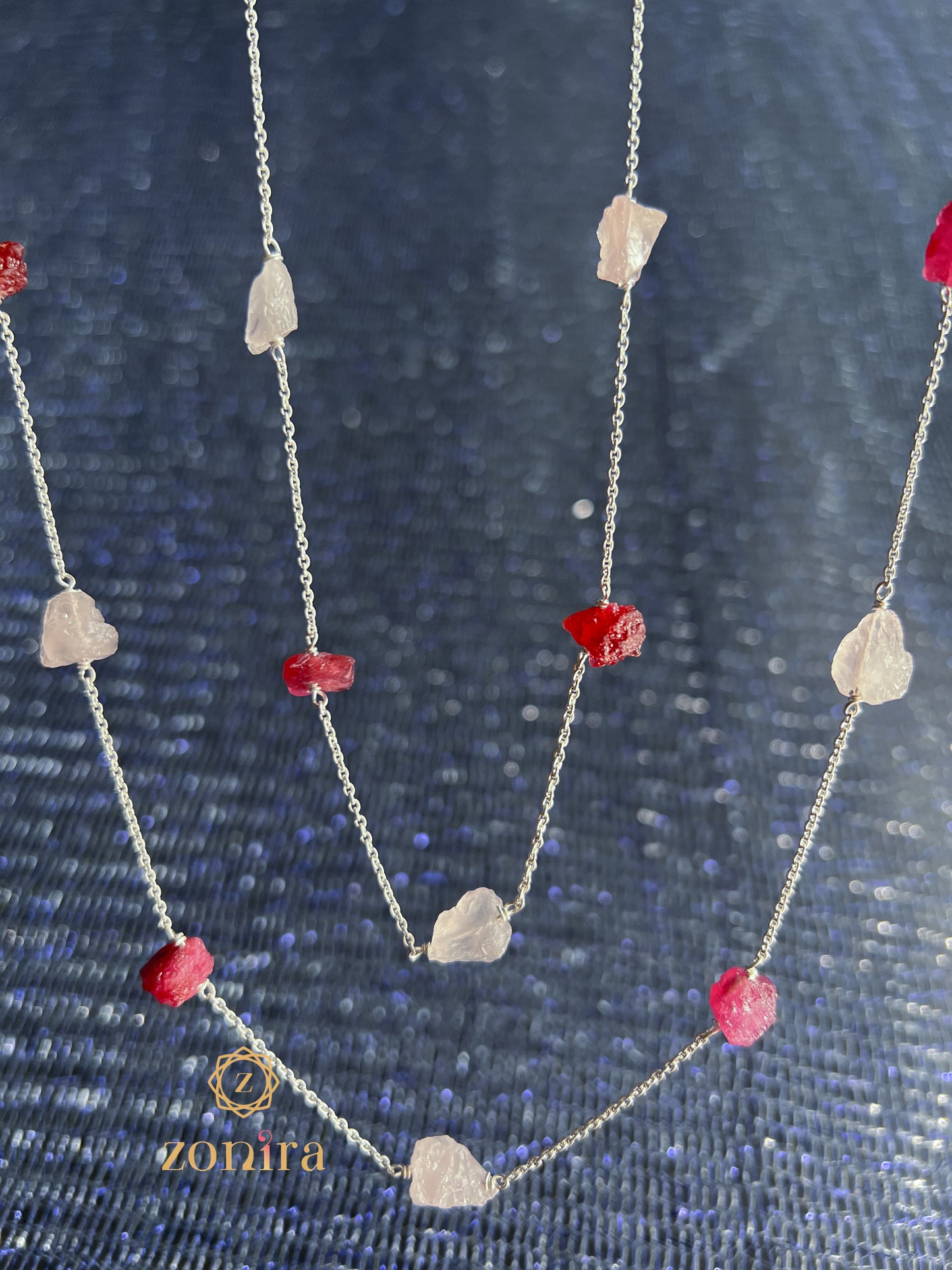 Ecstacy Silver Necklace - Raw Ruby & Rose Quartz