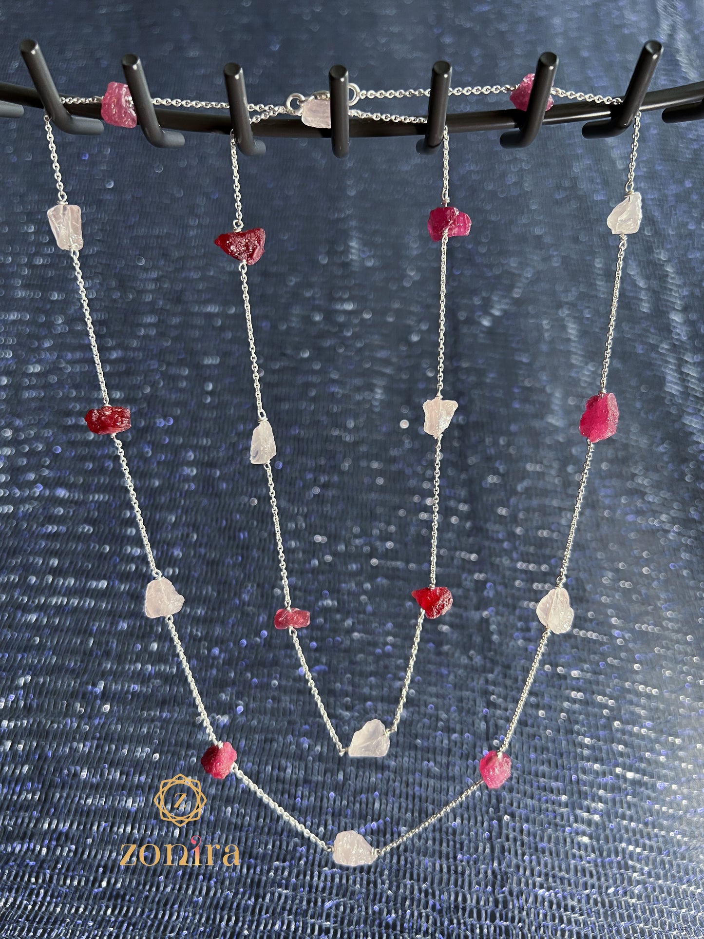 Ecstacy Silver Necklace - Raw Ruby & Rose Quartz