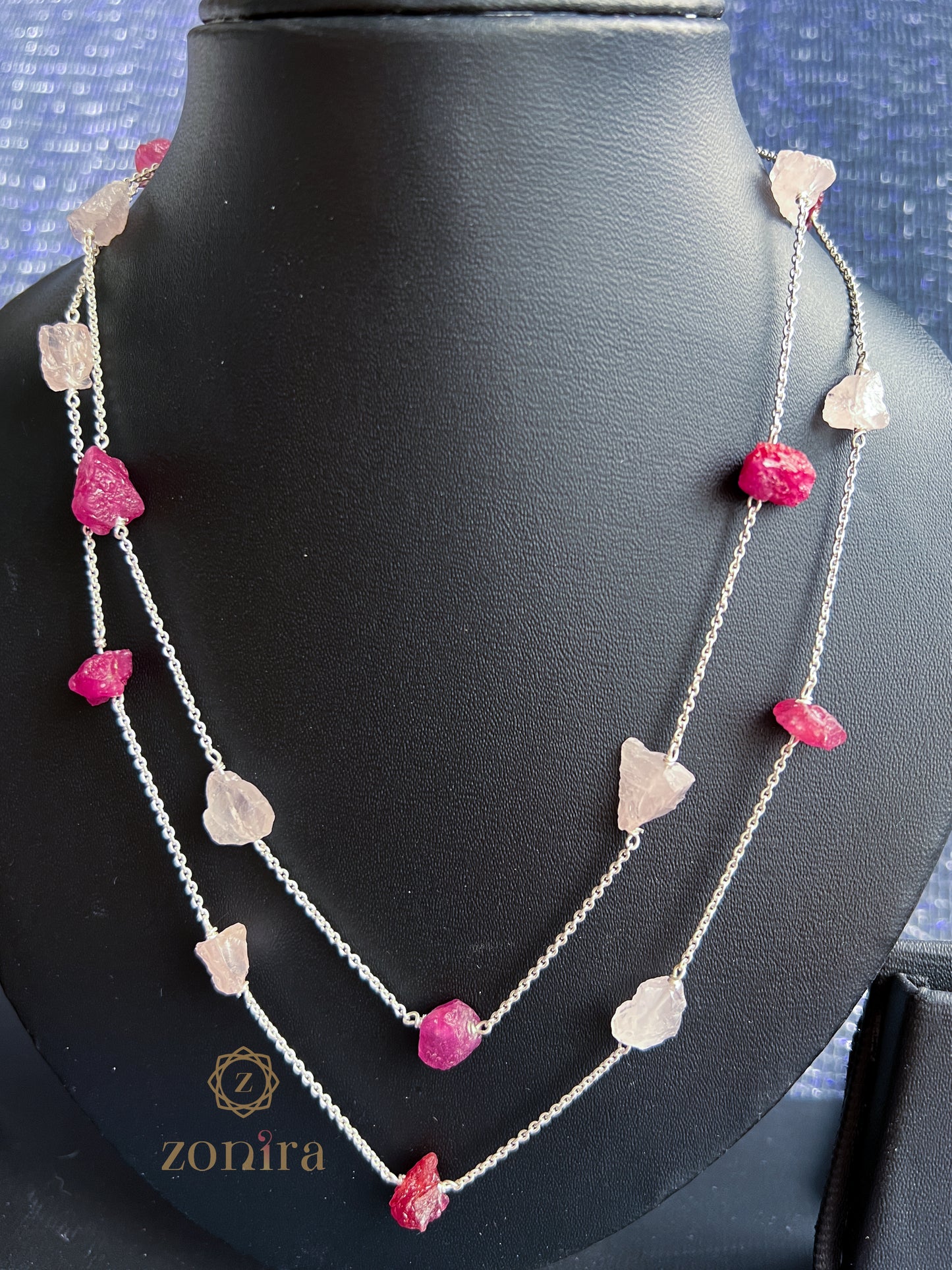 Ecstacy Silver Necklace - Raw Ruby & Rose Quartz