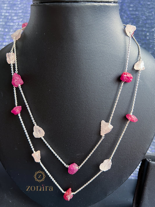 Ecstacy Silver Necklace - Raw Ruby & Rose Quartz